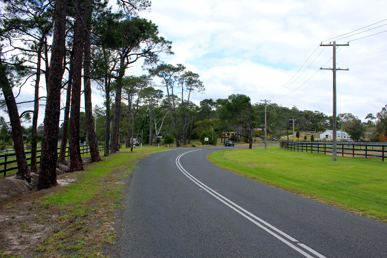 The road curves to the right through horse paddocks when cycling Berowra Waters West.