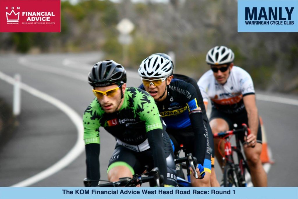 Ryan Miu (Parramatta CC) behind a Parklife CC rider and a Central Coast CC rider during the West Head Road Race 13 May 2018