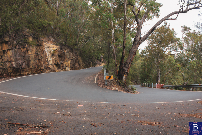 Hairpin at the bottom of the hill when cycling Berowra Waters East.